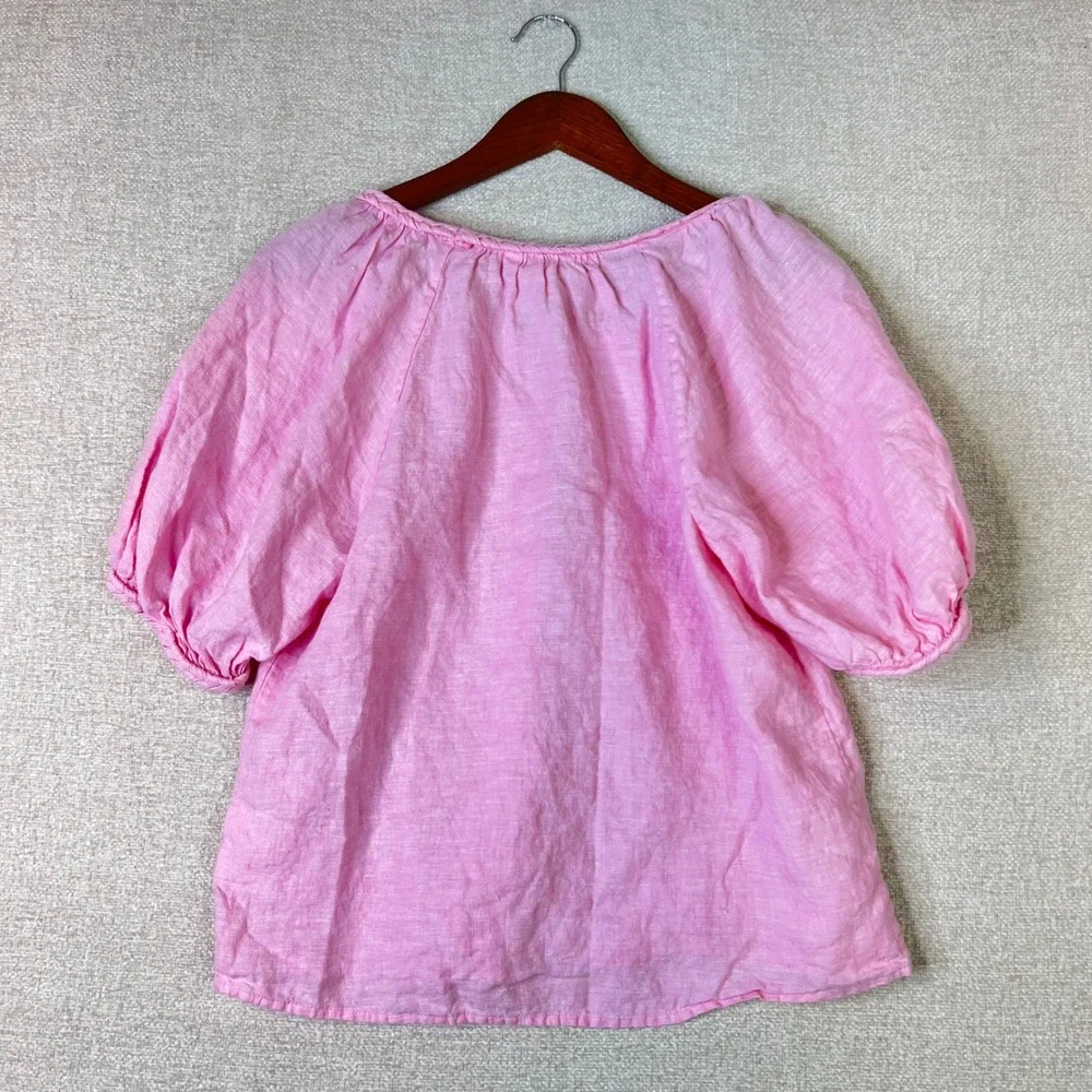 Lilly Pulitzer Pink 100% Linen Puff Sleeve Braided Trim Blouse Top Medium